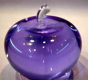 Colored crystal apple paperweight, purple crystal apple paperweights, purple glass apple paperweights, colored glass apple paperweights, blue crystal apple paperweight.