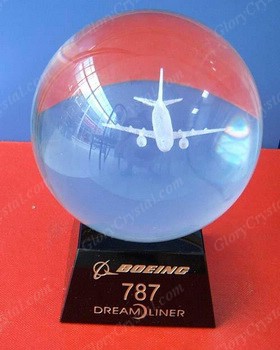 3d airplane laser engraved crystal ball on black glass base