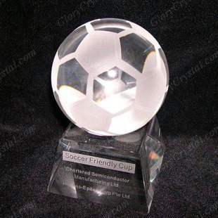 3D laser crystal soccer paperweight with a engraved glass base, 3d laser etched crystal soccer award, custom laser etched crystal football gifts with custom text engraved. 