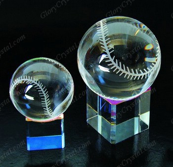 clear crystal baseball on glass cube base