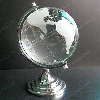 Optical crystal globe with a silver metal stand, optic crystal globe paperweight on a silver metal base, crystal glass globe paperweight with a silver metal part .